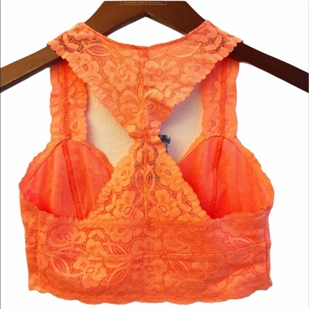 FREE PEOPLE NWT Galloon Lace Racerback Bralette Size XS in Neon Orange - Picture 11 of 16